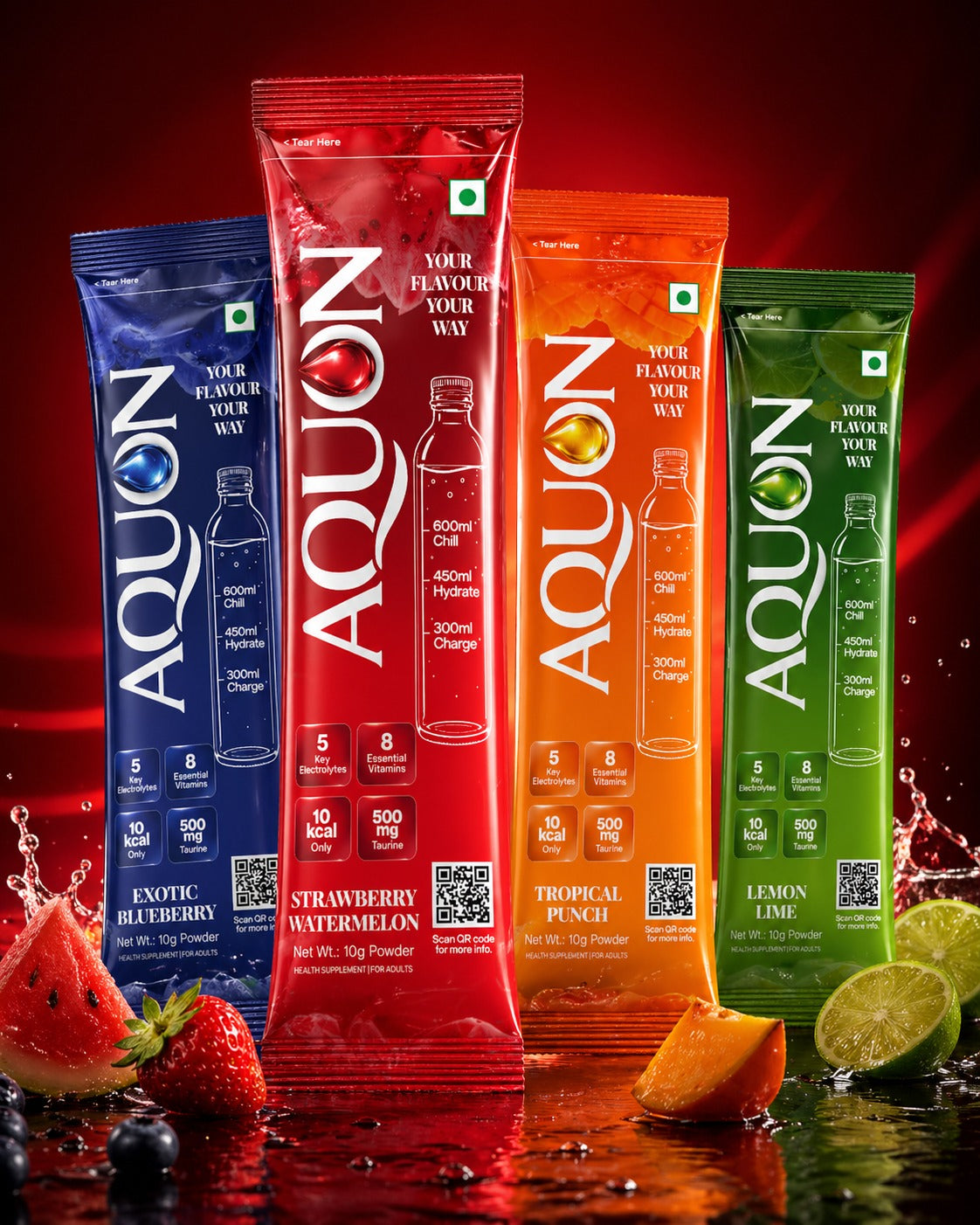 AQUON sachets in all four flavours — Exotic Blueberry, Strawberry Watermelon, Tropical Punch, Lemon Lime