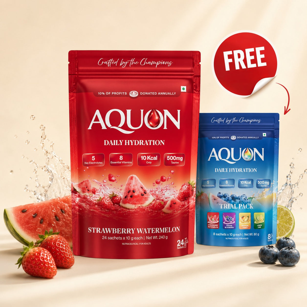 AQUON Daily Hydration electrolyte drink with prepared glasses and fresh fruit