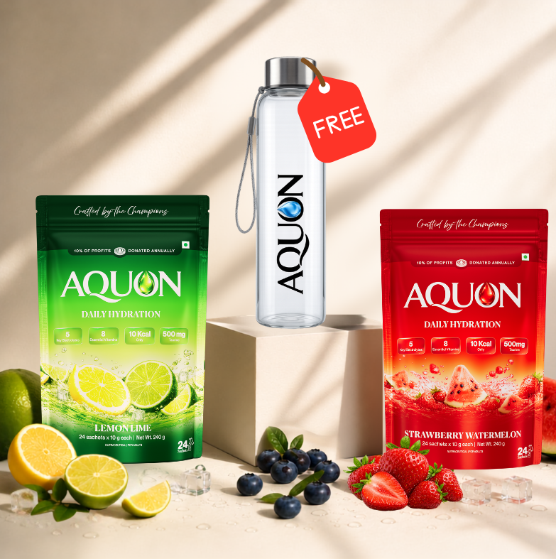 AQUON electrolyte hydration multipack with a free AQUON glass bottle