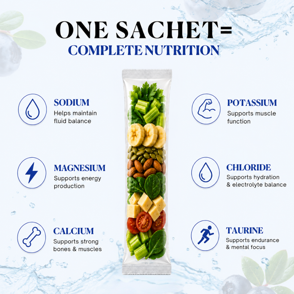 AQUON electrolyte formula in one sachet: sodium, potassium, magnesium, calcium, chloride and taurine