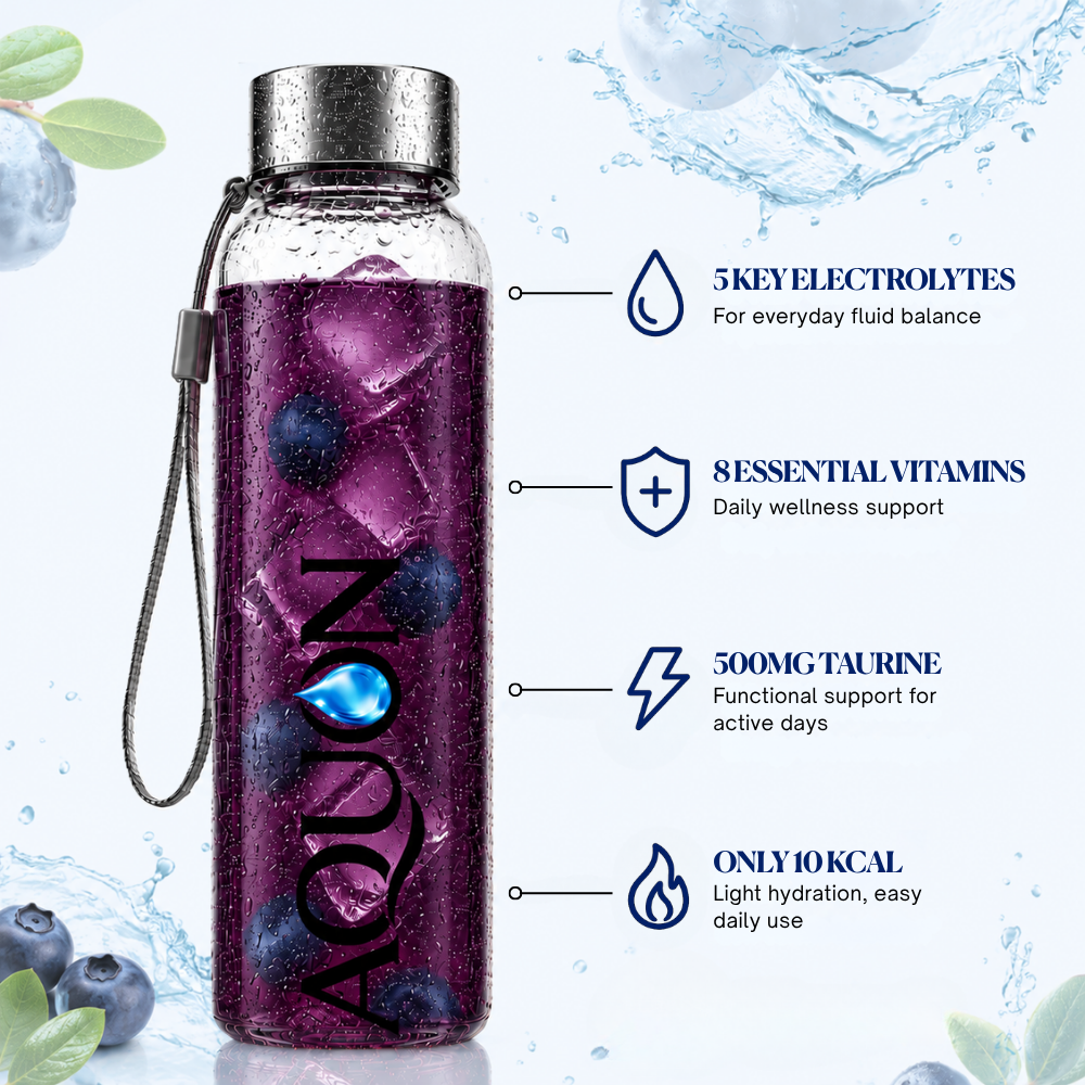 AQUON glass bottle of Exotic Blueberry electrolyte drink with 5 electrolytes and 8 vitamins