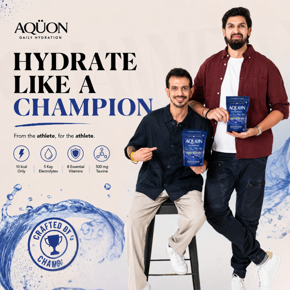 AQUON co-founders Yuzvendra Chahal and Ishant Sharma with AQUON Exotic Blueberry daily hydration