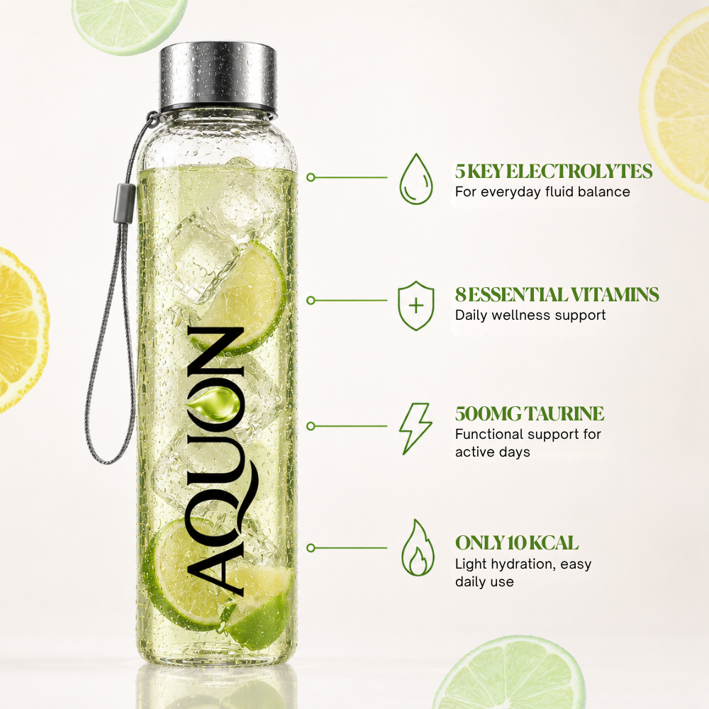 AQUON glass bottle of Lemon Lime electrolyte drink with 5 electrolytes and 8 vitamins
