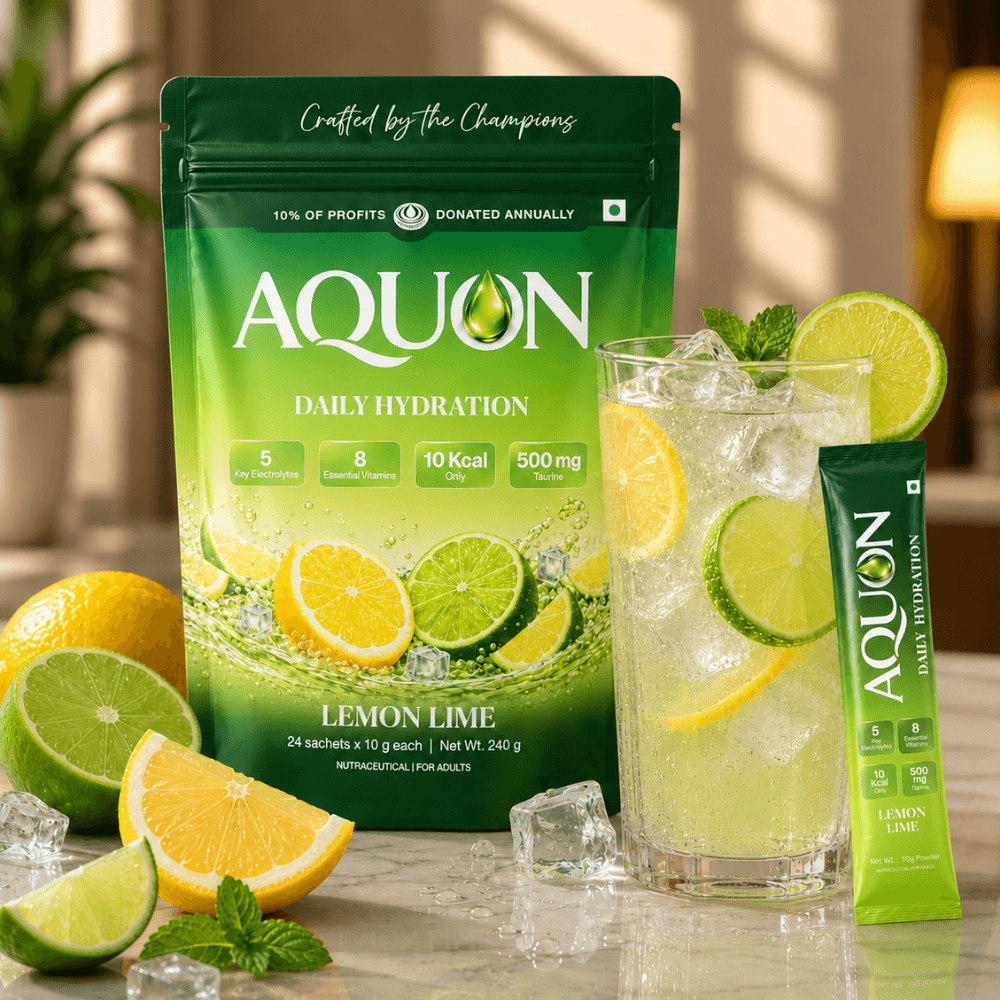 AQUON Lemon Lime electrolyte hydration pouch with a glass of the lemon lime drink