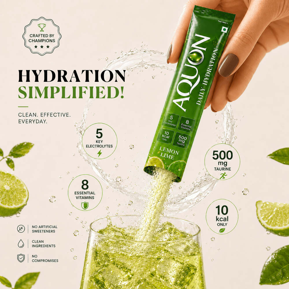 AQUON Lemon Lime electrolyte sachet with 5 electrolytes, 8 vitamins, 500 mg taurine and 10 kcal