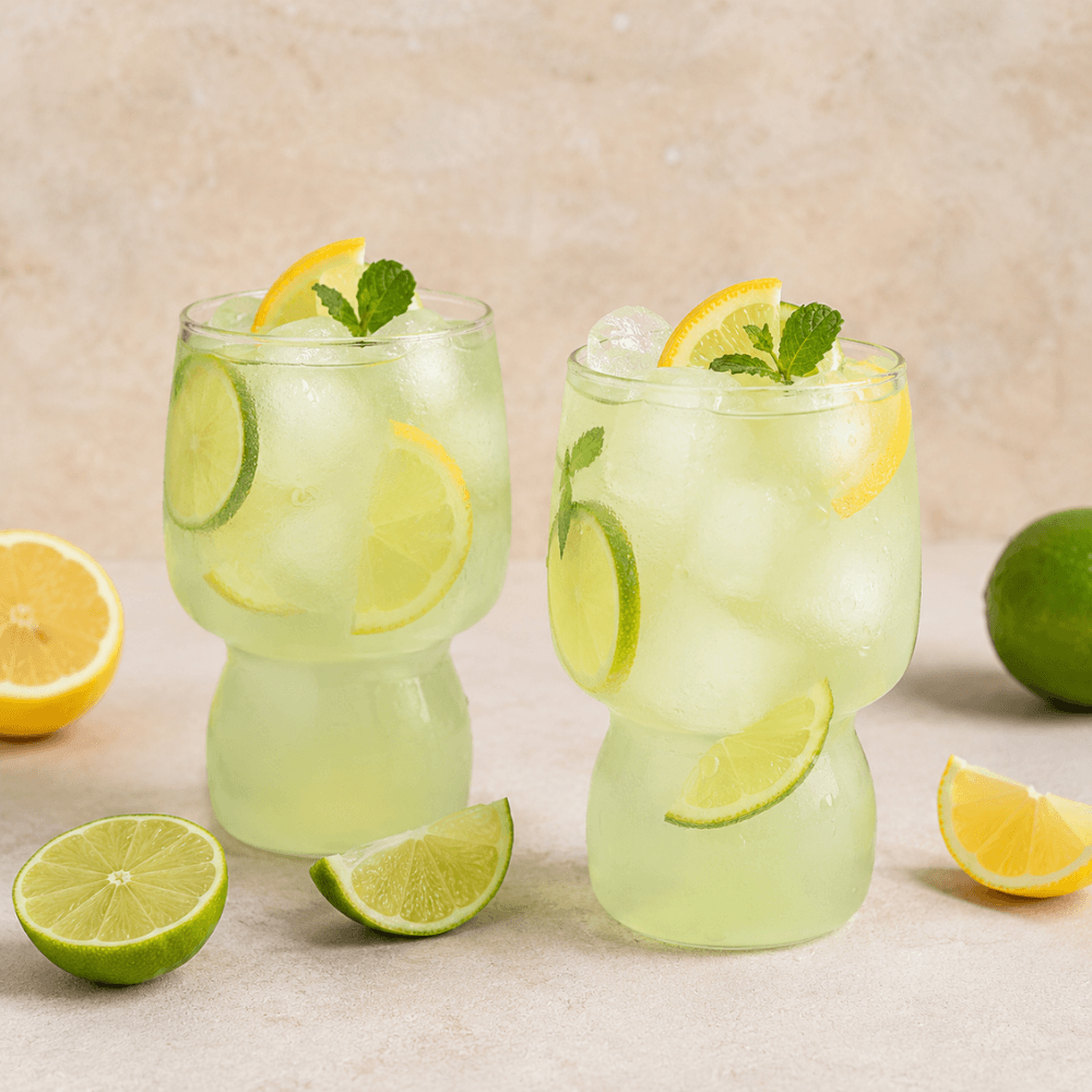 Glasses of AQUON Lemon Lime electrolyte hydration drink with fresh lemon and lime