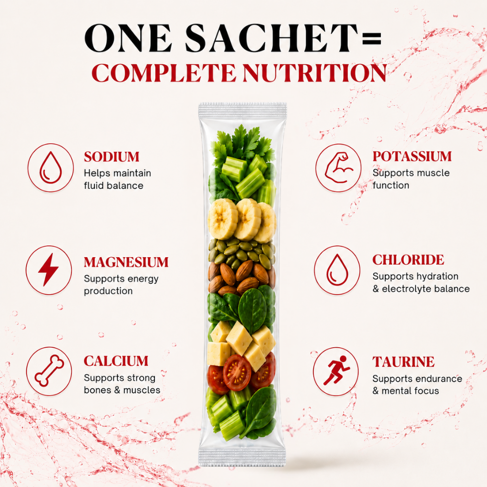 AQUON electrolyte formula in one sachet: sodium, potassium, magnesium, calcium, chloride and taurine