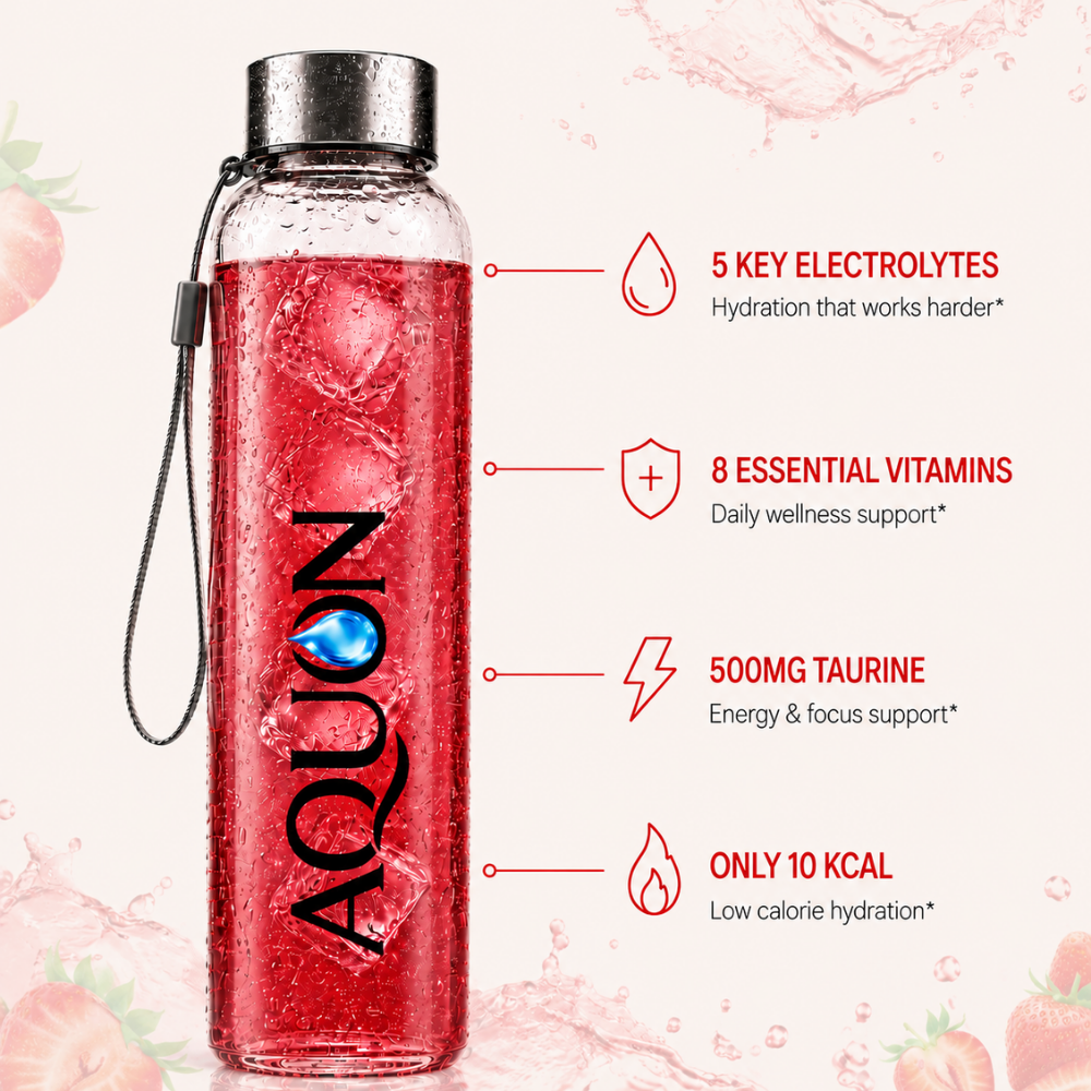 AQUON glass bottle of Strawberry Watermelon electrolyte drink with 5 electrolytes and 8 vitamins