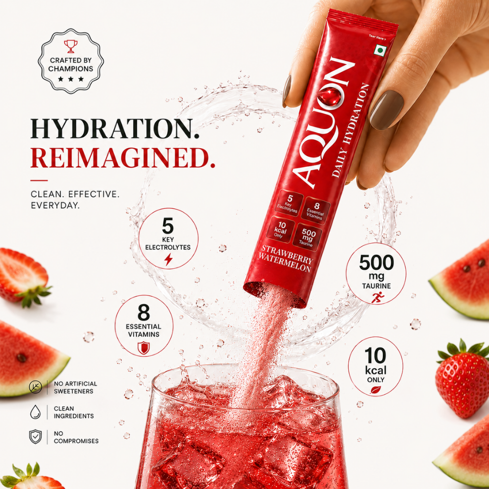 AQUON Strawberry Watermelon electrolyte sachet with 5 electrolytes, 8 vitamins, 500 mg taurine and 10 kcal