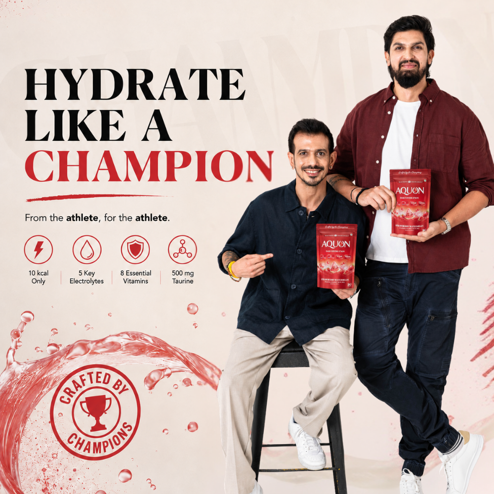 AQUON co-founders Yuzvendra Chahal and Ishant Sharma with AQUON Strawberry Watermelon daily hydration