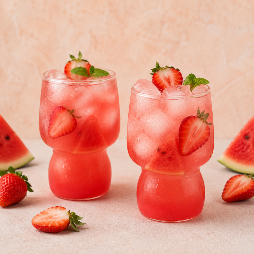 Glasses of AQUON Strawberry Watermelon electrolyte hydration drink with fresh strawberry and watermelon