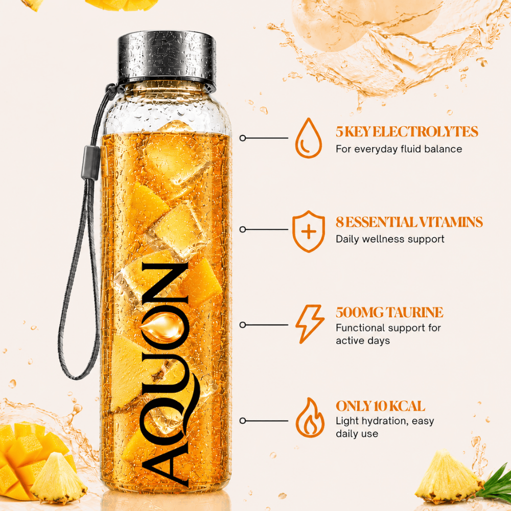 AQUON glass bottle of Tropical Punch electrolyte drink with 5 electrolytes and 8 vitamins