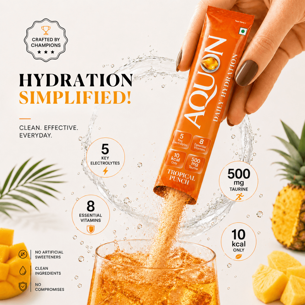 AQUON Tropical Punch electrolyte sachet with 5 electrolytes, 8 vitamins, 500 mg taurine and 10 kcal