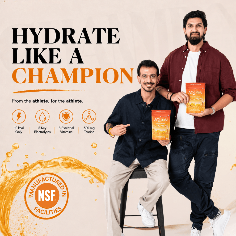 AQUON co-founders Yuzvendra Chahal and Ishant Sharma with AQUON Tropical Punch daily hydration