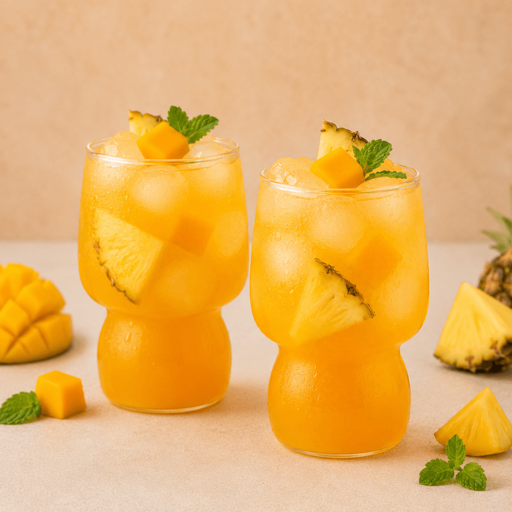 Glasses of AQUON Tropical Punch electrolyte hydration drink with fresh mango and pineapple